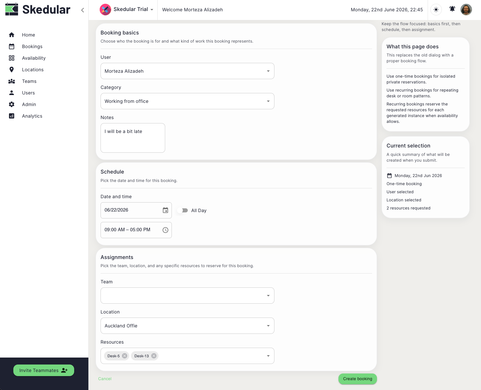 Desk and room booking screenshot